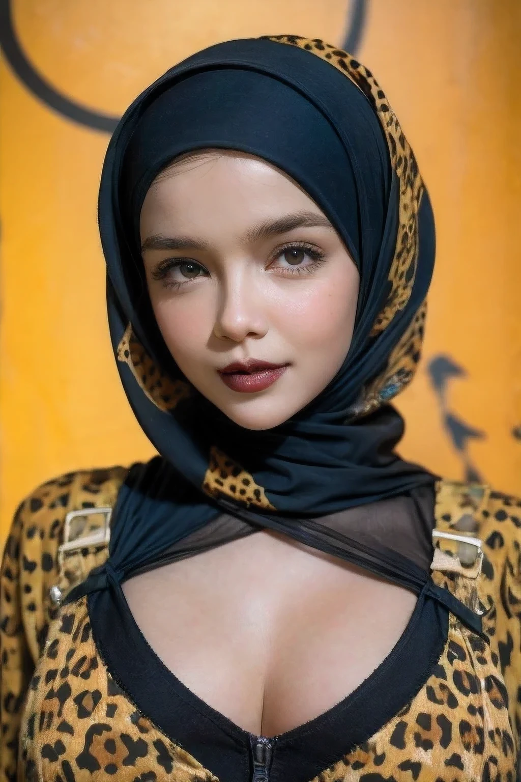 ((GOTHIC BLACK LIPS)), , baby face, adorable, 1 girl, (face to face), 10 years old happy, half body portrait, (face details: 1), (eye details: 1), ((big breasts)). wearing transparent transparency long shirt, hijab, .. Cute posed. proportional body. Ultra High Res. realistic: 1.4, UHD, ((BIGGER:1.9(), ((leopard pattern))