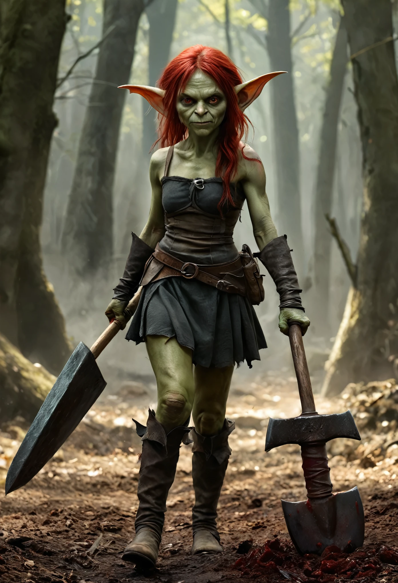 Realistic anime character, cute goblin female, redhead, red eyes, full body portrait, holding a big hammer, little smile, in battle, dynamic composition, intricate gloomy background, dark fantasy style, dark arts, depth of field, blood of the enemies 