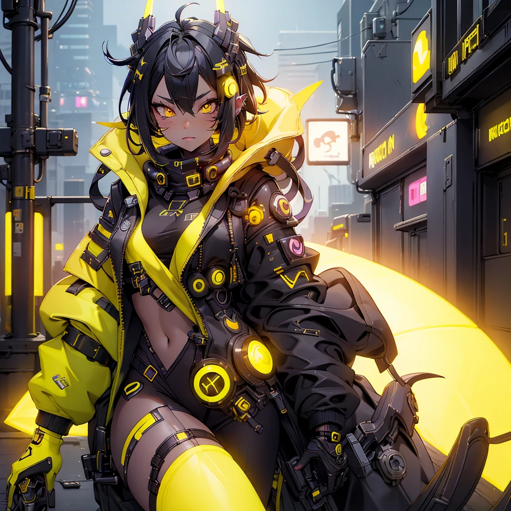 Cyberpunkgirl, blackand yellowhighlight shorthair,cyberpunkcity,nightcity,background,1girl,blackandyellowjacket,higresolution,masterpiece,bestquality,hd,highdetails,nightview,8k,32k,fullbody,1girl