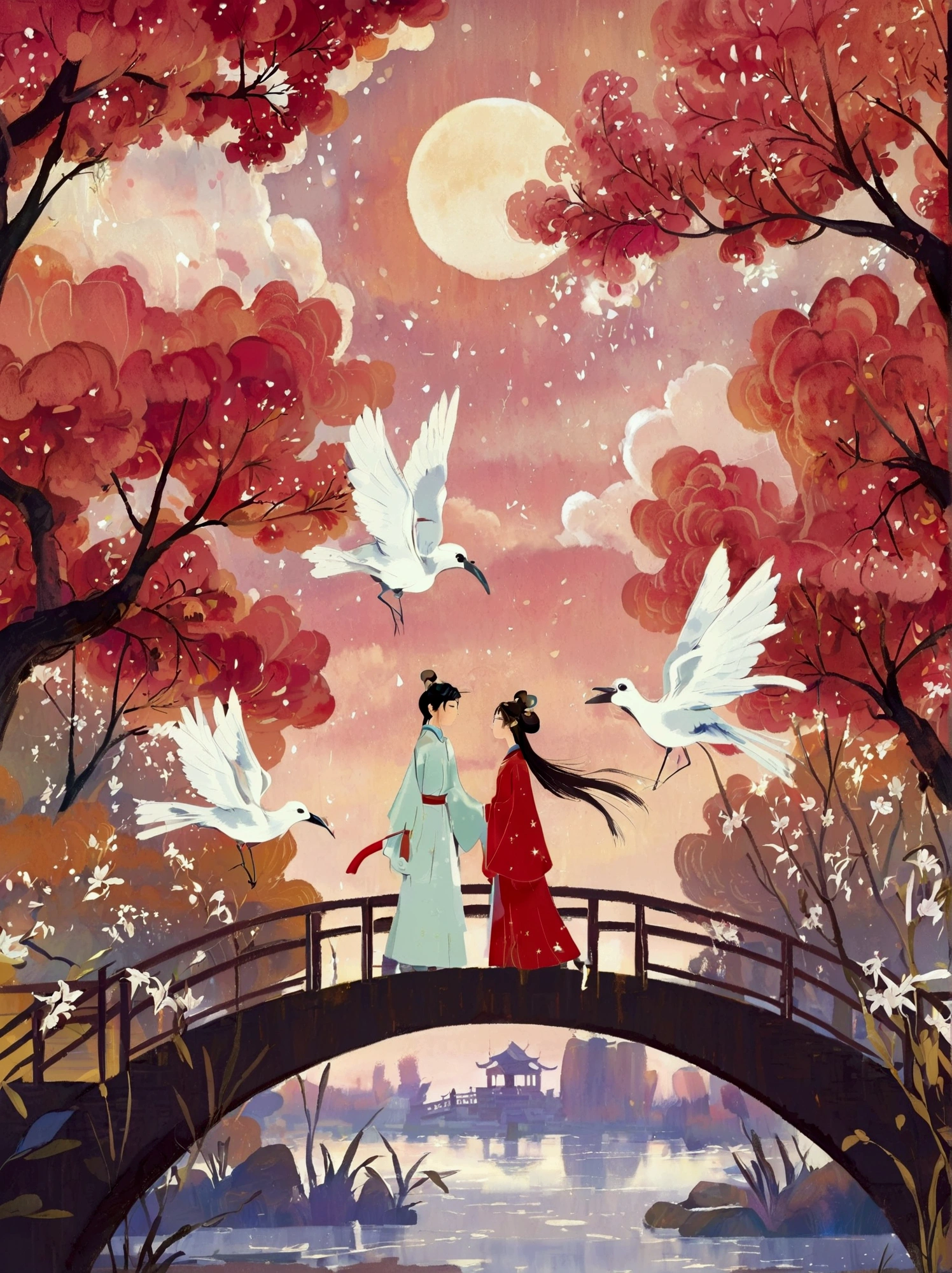  In ancient Chinese love stories, the poster depicts two people, the Cowherd and the Weaver Girl, standing on an elegant bridge with a dreamy pink and purple background. White magpies hover around them in the night sky. Surrounded by stars, creating a dreamy atmosphere. It was created in the style of Hayao Miyazaki' s anime. In the foreground, there are some flowers ahead. High definition, high detail