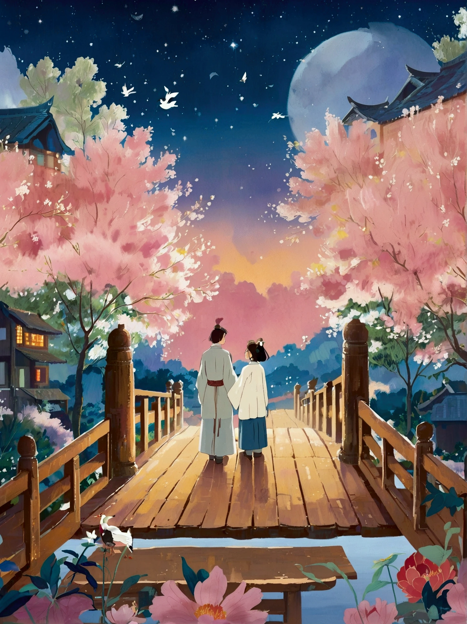In ancient Chinese love stories, the poster depicts two people, the Cowherd and the Weaver Girl, standing on an elegant bridge with a dreamy pink and purple background. White magpies hover around them in the night sky. Surrounded by stars, creating a dreamy atmosphere. It was created in the style of Hayao Miyazaki' s anime. In the foreground, there are some flowers ahead. High definition, high detail