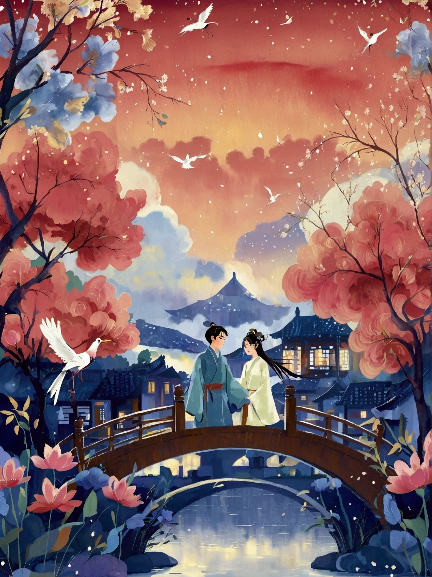  In ancient Chinese love stories, the poster depicts two people, the Cowherd and the Weaver Girl, standing on an elegant bridge with a dreamy pink and purple background. White magpies hover around them in the night sky. Surrounded by stars, creating a dreamy atmosphere. It was created in the style of Hayao Miyazaki' s anime. In the foreground, there are some flowers ahead. High definition, high detail