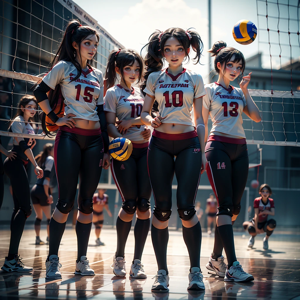 ExtremelyDetailed (((Volleyball Team Kawaii Girls in a row:1.4))), Childish perfect face, Reflective Eyes, Detailed(Delicate Clothing textures), Corrected Leg to Foot Line, Corrected Perfect Hand, Dynamic Joyful Expressions LifeLike Rendering, ((Specular Reflection:1.28)), TopQuality 8K Ultra-detailed masterpiece (ProfessionalPhoto:1.37)(Acutance:0.8),(Luminism:1.22), ((Exposed Navel))