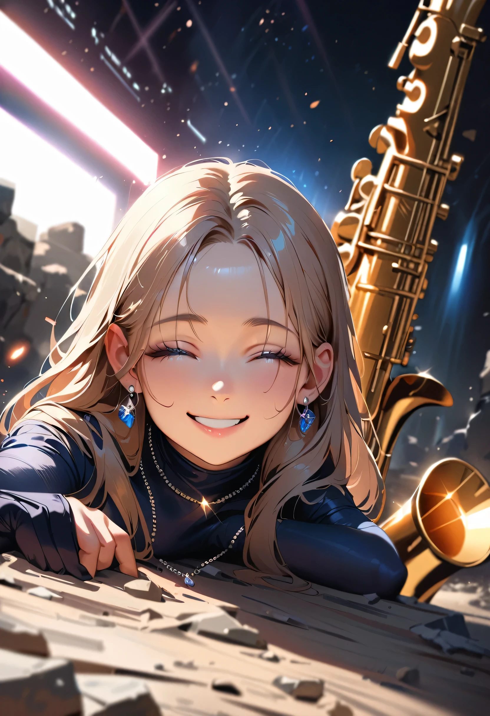masterpiece, Highest quality, (((Ruined battlefield)))、(((Open your eyes wide and smile)))、Raising awareness, Sax Blue, プラチナEarrings, Platinum Necklace, Black bodysuit, One Girl, cute, (Dynamic Lighting:1.2), Cinema Lighting, Delicate facial features, Detailed eyes, Sharp pupils, Realistic student, Written boundary depth, ボケ Written boundary depth, Sharp focus, (Very detailed, bloom, Shine:1.4), Lots of little gems, (((long_hair))),　Twin tails、Earrings、分けた前hair、銀hair、whole body、Ultra close-up footage、The top is transparent up to the chest.、See-through design。The bottoms are a very short navy blue pleated skirt.、Fits snugly around the waist。The background is simple white.、this、The text is easier to see.。The light source is a soft light from the front....、The overall atmosphere is bright and clean....。