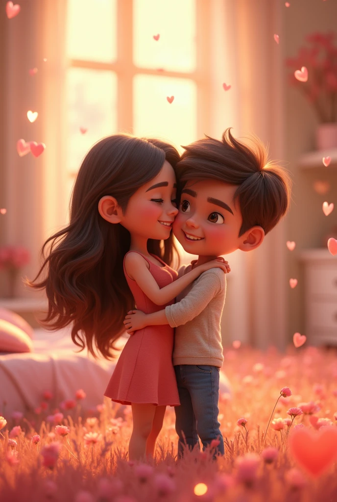 Imagine a charming and whimsical animated scene featuring a couple. Specifically, a boy with dark brown eyes and eyebrows and a girl, who is slightly shorter, with dark brown hair and blonde highlights. The boy is depicted hugging the girl from behind, both of them surrounded by a shower of colorful hearts. The artwork should be in a bold, vibrant, and playful style with a touch of magic, reminiscent of a certain popular 3D animation style.