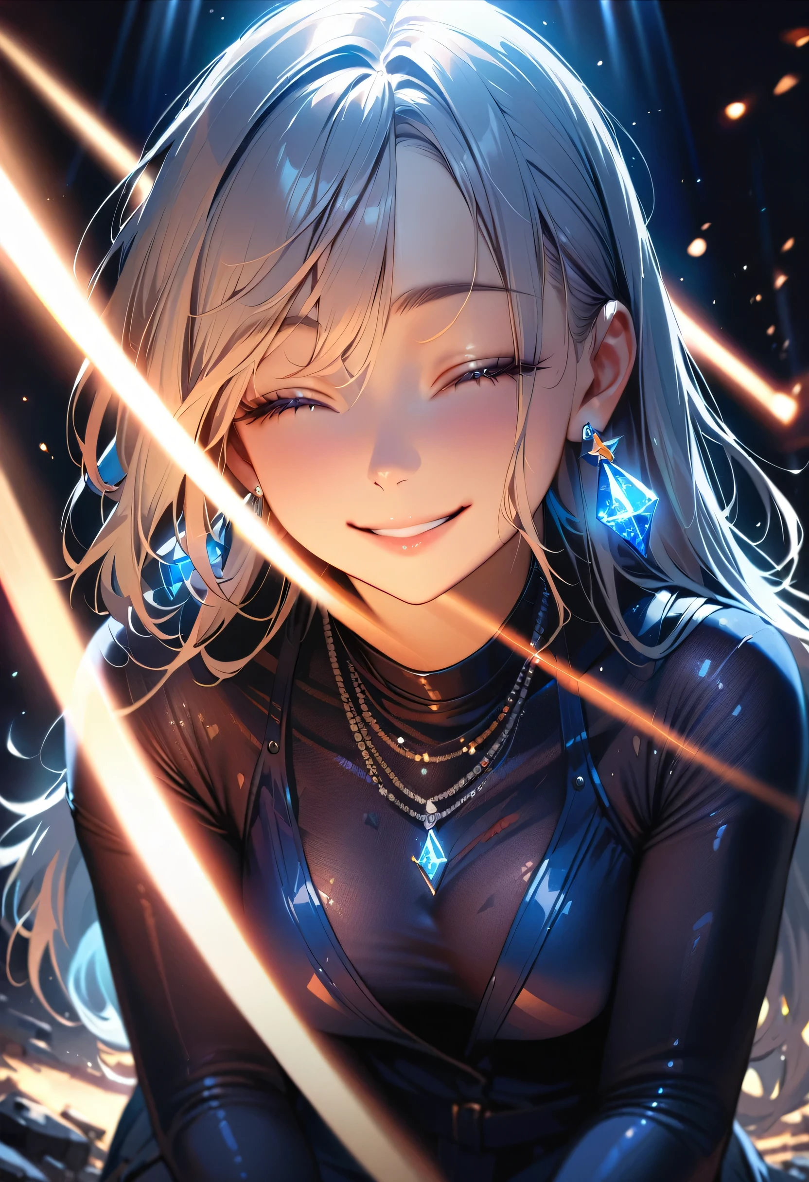 masterpiece, Highest quality, (((Ruined battlefield)))、(((Open your eyes wide and smile)))、Raising awareness, Sax Blue, プラチナEarrings, Platinum Necklace, Black bodysuit, One Girl, cute, (Dynamic Lighting:1.2), Cinema Lighting, Delicate facial features, Detailed eyes, Sharp pupils, Realistic student, Written boundary depth, ボケ Written boundary depth, Sharp focus, (Very detailed, bloom, Shine:1.4), Lots of little gems, (((long_hair))),　Twin tails、Earrings、分けた前hair、銀hair、whole body、Ultra close-up footage、The top is transparent up to the chest.、See-through design。The bottoms are a very short navy blue pleated skirt.、Fits snugly around the waist。The background is simple white.、this、The text is easier to see.。The light source is a soft light from the front....、The overall atmosphere is bright and clean....。