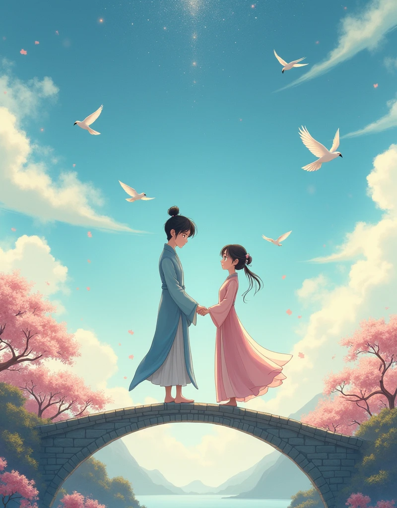 In ancient Chinese love stories, the poster depicts two people, the Cowherd and the Weaver Girl, standing on an elegant bridge with a dreamy pink and purple background. White magpies hover around them in the night sky. Surrounded by stars, creating a dreamy atmosphere. It was created in the style of Hayao Miyazaki' s anime. In the foreground, there are some flowers ahead. High definition, high detail