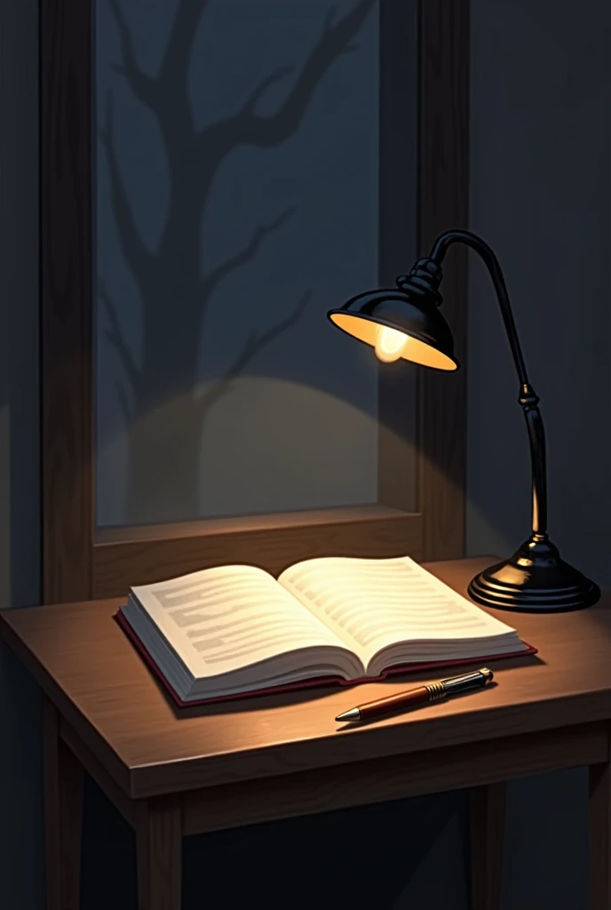 A closed book on a table with pen and lamp