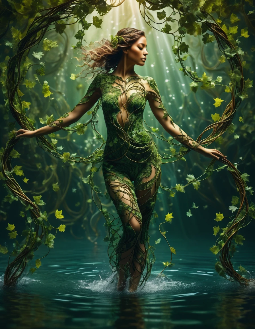 Detailed image, 8k high quality detailed, amazing wallpaper, digital photo highly detailed, 8k UHD, photorealistic, A woman made of fractal vines, the artistry of movement, her movement guided by fractalvines entwined around her body. The very essence of organic movement, integration between flesh and vines. Walking into water. Fantasy style. Fantasy dreamlike art. Full body view.