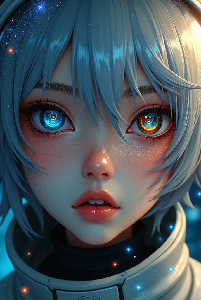 (Close-up of a better masterpiece:1.5)0.9], (Space and astronauts:1.2) (Messy silver hair:1.1) (Heterochromia xanthochromia and blue eyes:1.2) (Space Helmet:1.0) (Colored stars in the eyes:1.0) (A radiant glow:1.1) (thick lips:0.9)