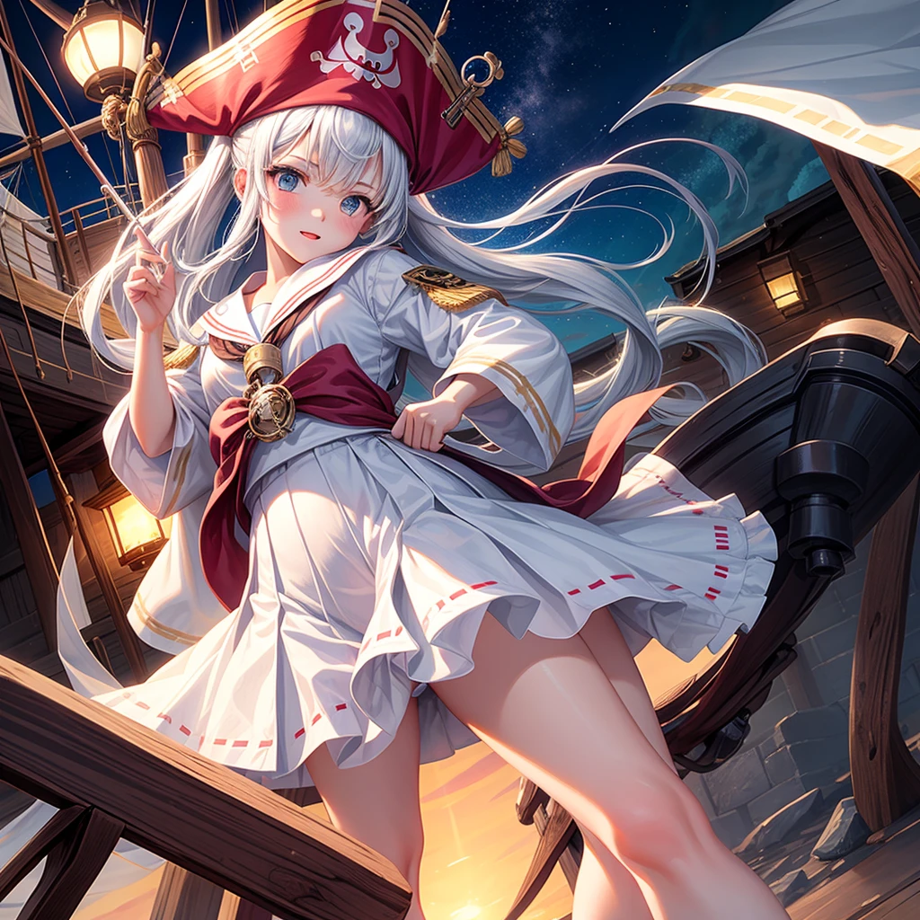 One Girl, pirate, Highest quality、Cinema Lighting、Sailor suit、Long skirt、Galleon Deck、White panties,