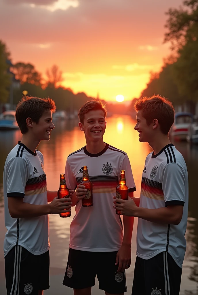 Three boys, at the age of 17, with Gilde beer in hand, In the background the Mittelland Canal at sunset, the boys wear European Championship Germany jerseys