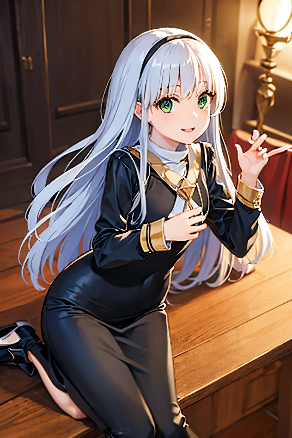 Long silver hair, green eyes, headband, necklace, nun, black clothes, flat chest, beautiful thighs, smile, happy, inside house