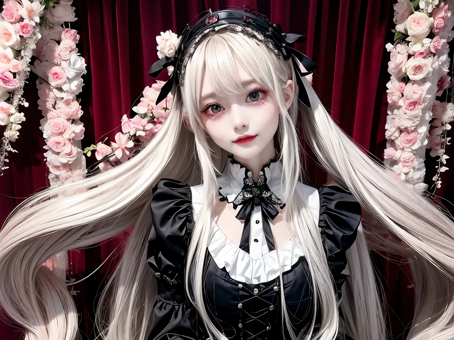 Has long white hair and red eyes、Please draw a super beautiful girl wearing a black hair accessory.。She wears a Gothic Lolita outfit、The elegant and mysterious atmosphere surrounds you.。Her hair ornament is black、Showing off her beautiful hair、It highlights her individuality。

Her Gothic Lolita outfit、A dark and luxurious design that is still subtle、It maintains its understated charm。Lace and ribbon、Accents such as ruffles、It is a hallmark of her Gothic Lolita style.。The outfit hugged her figure beautifully.、It gives elegance and class。

Her red eyes shine passionately、Combined with her charming smile、It highlights her individuality and charm.。Her smile has a unique charm、Combined with her mysterious aura、Her charm stands out even more。Her appearance is美しく、Its presence is captivating。

This beautiful girl with long white hair and red eyes、Wearing a modest yet attractive Gothic Lolita outfit、It displays its beauty and dignity。Her appearance is、Her presence and charm in the world of Gothic Lolita fashion is fused together.、It is a fascinating and mysterious sight.。