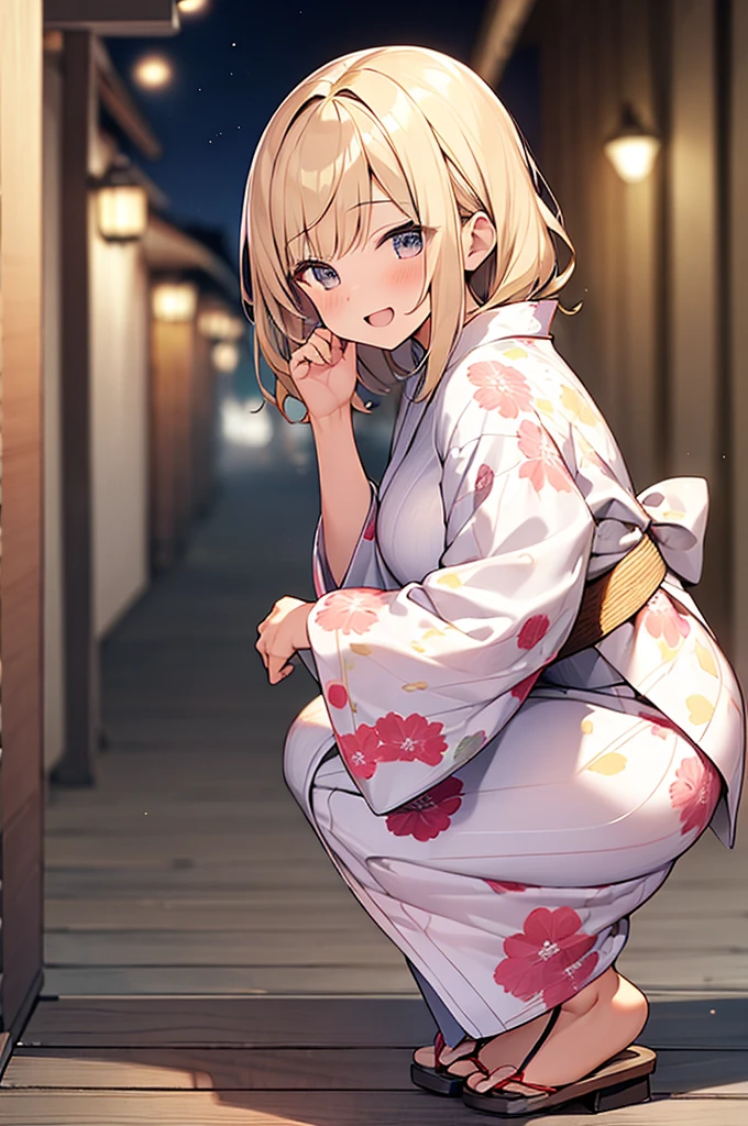 (Masterpiece, Top quality:1.5), 1 beautiful girl, solo, squatting down, from side, Blonde, medium Hair, wavy Hair, asymmetry bangs, swept bangs, airy hair, large breasts:1.4, 16 year old, standard weight, (yukata :1.3), smile:1.3, blush, beautiful scene of narrow Alley, blurry background, magnificent panorama view, blurry background, open mouth,