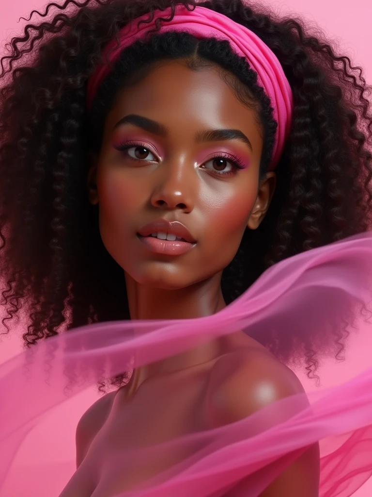 brown skin girl, carly hair, pink headband, pink eyes, pretty face, very beautiful face, brown skin face, pink fabric blowing over her face, high quality, epic pictures