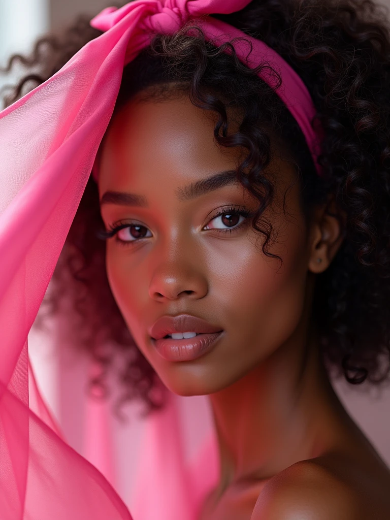 brown skin girl, carly hair, pink headband, pink eyes, pretty face, very beautiful face, brown skin face, pink fabric blowing over her face, high quality, epic pictures