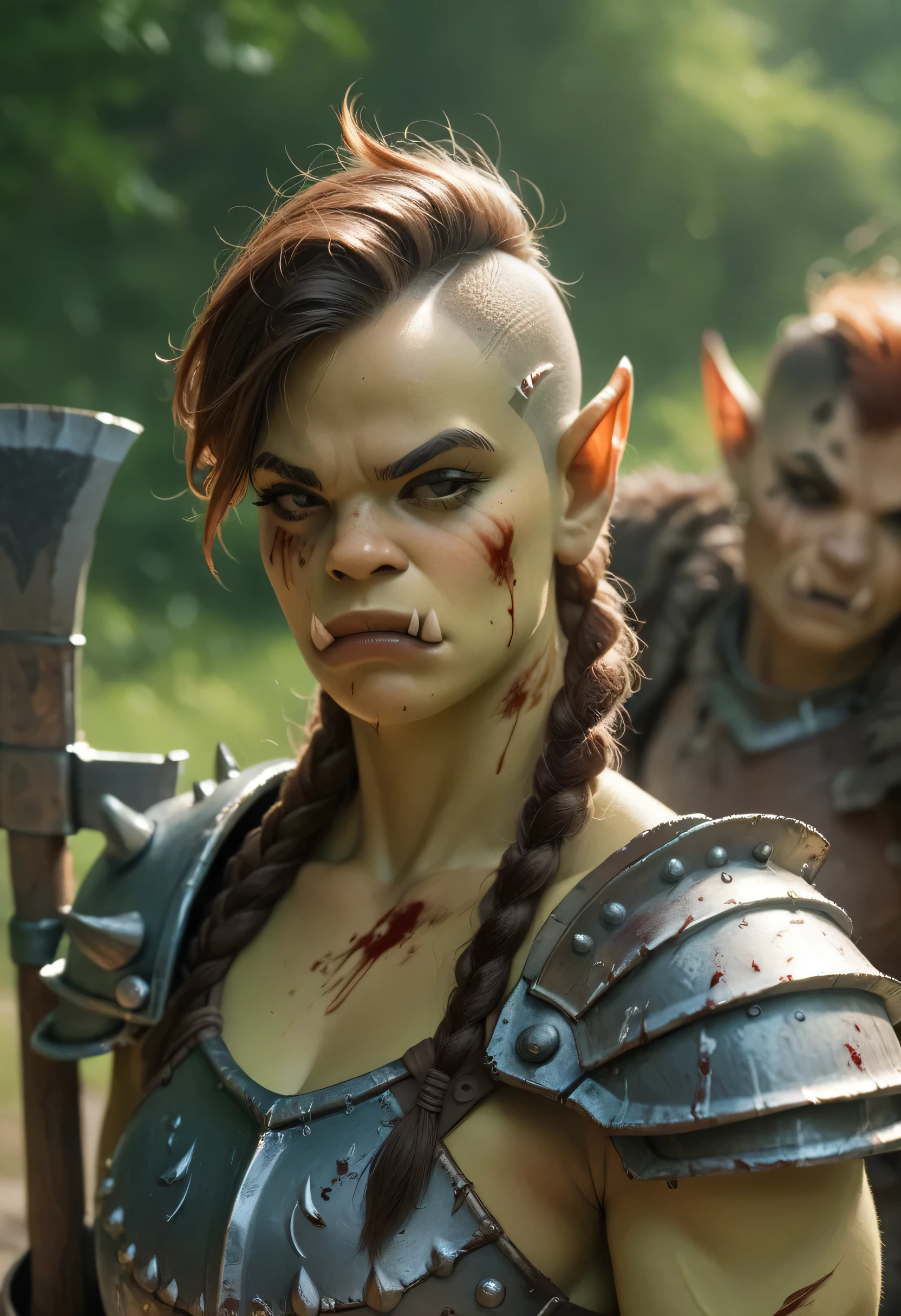 Artwork of sexy female orc warrior, braids, savage fur armor, battle axe, bloody, detailed face , undercut haircut 