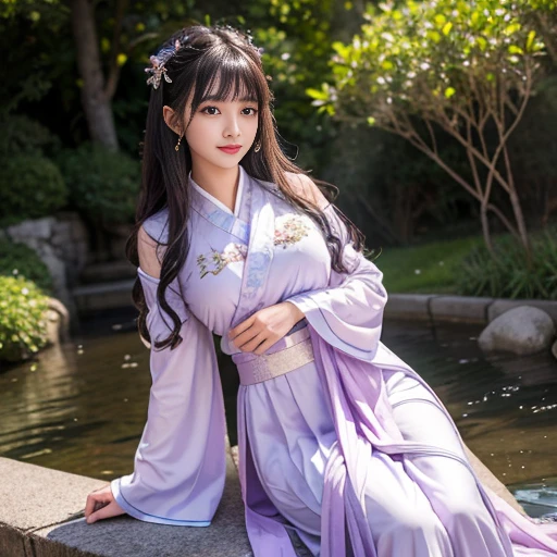 best quality, Delicate face,beautiful visual work, lifelike, eternity, black hair, Long curly hair, blunt bangs, Smile, Detailed Background, Delicate face,blush,cold,((masterpiece))、(top quality)、8k、high detail、Super detailed,31-year-old female,身穿唐制Hanfu、waist skirt, Clothes are light and fluffy,Hanfu, wide sleeves, Transparent sleeves, Long sleeve, Tunic, Clothes made of chiffon, masterpiece、born、Scenes resembling fairy tale illustrations、intricate details和複雜的設計、Beautifully、magic、capricious、 Beautifully、Dream aesthetics、「𝓡𝓸𝓶𝓪𝓷𝓽𝓲𝓬、ethereal、charming、fickle、magic」、realism、Visual effects、FXAA、SSAO、Shader、voiceless、ambient lighting、Tone mapping、High resolution、Ultra high quality、Million pixels、(8K resolution:1.10)、8k、8k以下、8K resolution、high detail、intricate details, (high quality:1.2、masterpiece:1.2、:1.21)、(31-year-old female:1.21)、(興奮地Smile)、(被dream般的氛圍所包圍、Model diagram,full-body shot,Normal 2 feet,Put your hands behind you,The protrusion of the breast is visible when wearing clothes, Large Breasts, H cup chest, antiquity, Xian Xia, gauze clothes, Soft and fluttering, Fairy, dream, fantasy, light, Elegant, nature, Immortal, romantic, classical, ribbon, light purple clothes,Behind the Forest