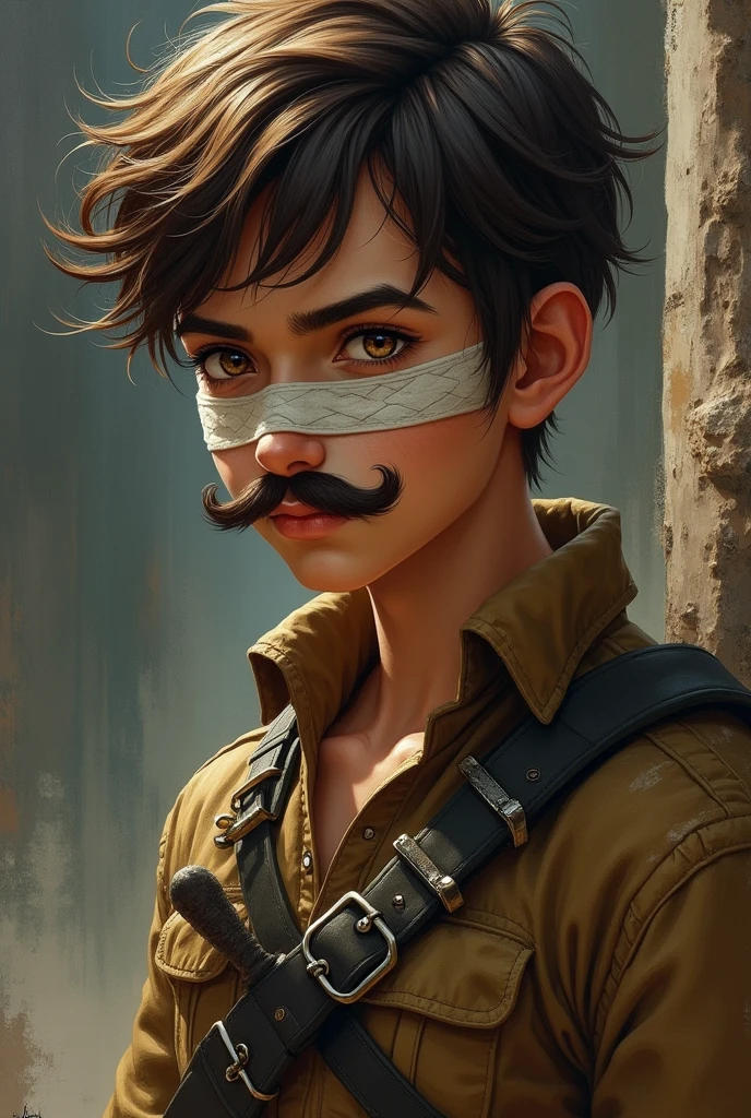 A brown haired boy , with a charming mustache with a large scar on his left eye with a bandage over his entire eye