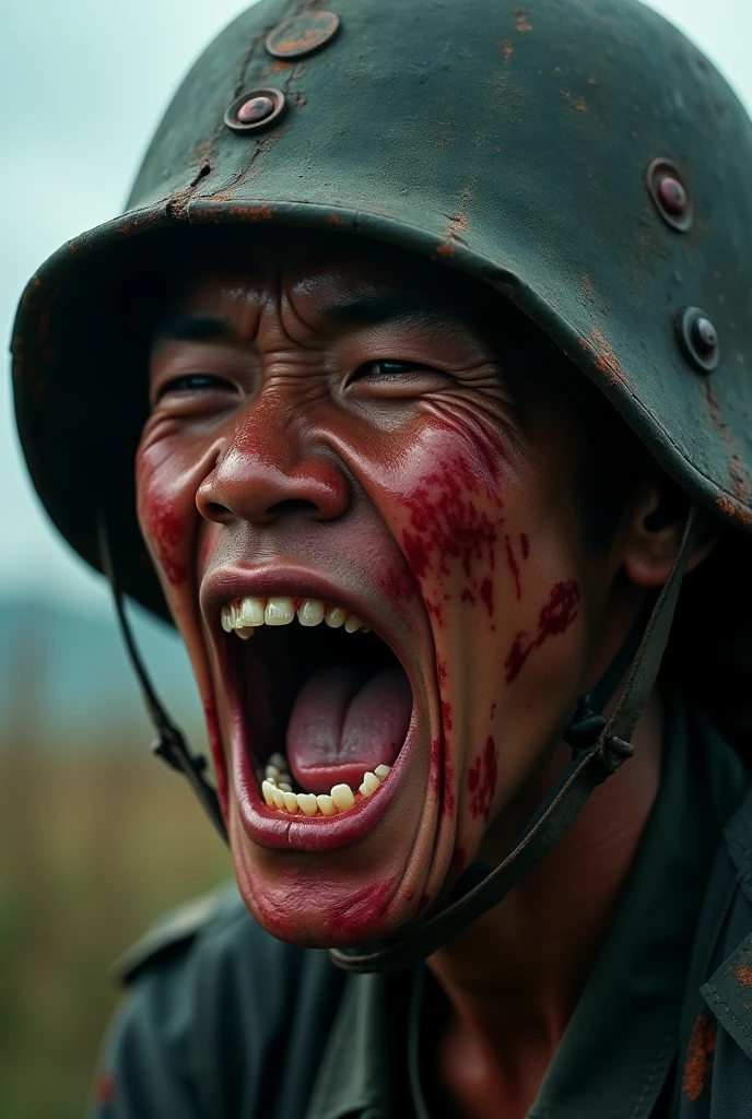 Photographic still of japanese soldiers on war word two, battle with indonesian soldier,translucent skin, teeth dripping,, veins showing beneath it's skin, dark, onimous cinematic. Fire efect