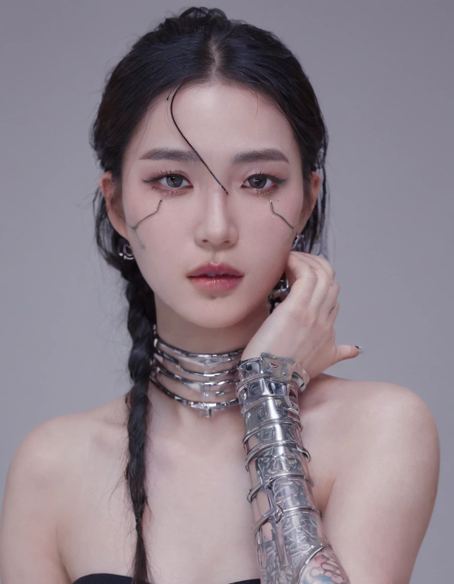 A stunning 4K photo-realistic image of a cyberpunk demi-human girl with an Asian face. Her visage is adorned with intricate machine implants, including a sleek silver visor that covers her eyes, revealing only a small slit for vision. These implants enable advanced sensory input and communication with her cybernetic systems.

Her skin is pale, with visible scars that tell a story of her past battles and a faint line where her flesh meets the cold metal of her implants. The seams are barely noticeable, indicating skilled integration between her organic and mechanical components.

Her hair is black, spiked up in an aggressive yet stylish manner. Small LED lights are integrated into the strands, flickering with various colors to match her mood. The hair is a statement piece, reflecting her rebellious spirit. The overall atmosphere of the image is captivating, photo, her body is embedded with mechanical implants under the skin, cyborg arms,  cyberware lines embedded in her face, , (Photorealsitic)、(intricate detailes:1.2)、(​masterpiece、:1.3)、beauty face, (top-quality:1.4)、(超A high resolution:1.2)、超A high resolution、(A detailed eye)、(detailed facial features), ((Realistic lighting、top-quality、8K、natural light, ​masterpiece:1.3))、bright photo, Clear focus:1.2、1girl in、flawless beauty:1.4、Superfine Face、big Narrow-eyed、double eyelid、photos realistic, perfect eyes, perfect skin, detailed skin, detailed face, looking viewer, front view, potrait, raw photo, simple soft pink background, (intricate detailed skin textured:1.4) front view, looking viewer, clear face, 1 girl、porate、Bright and very beautiful face、beautiful girl, A stunning close-up portrait showcasing the beauty of a Korean model. The composition features soft, natural lighting , bright eyes, and striking cheekbones.