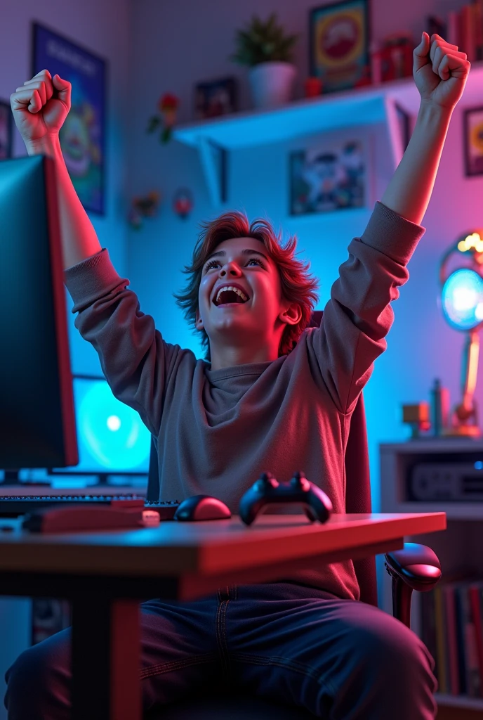 Create a gamer at home who is super happy to win a match