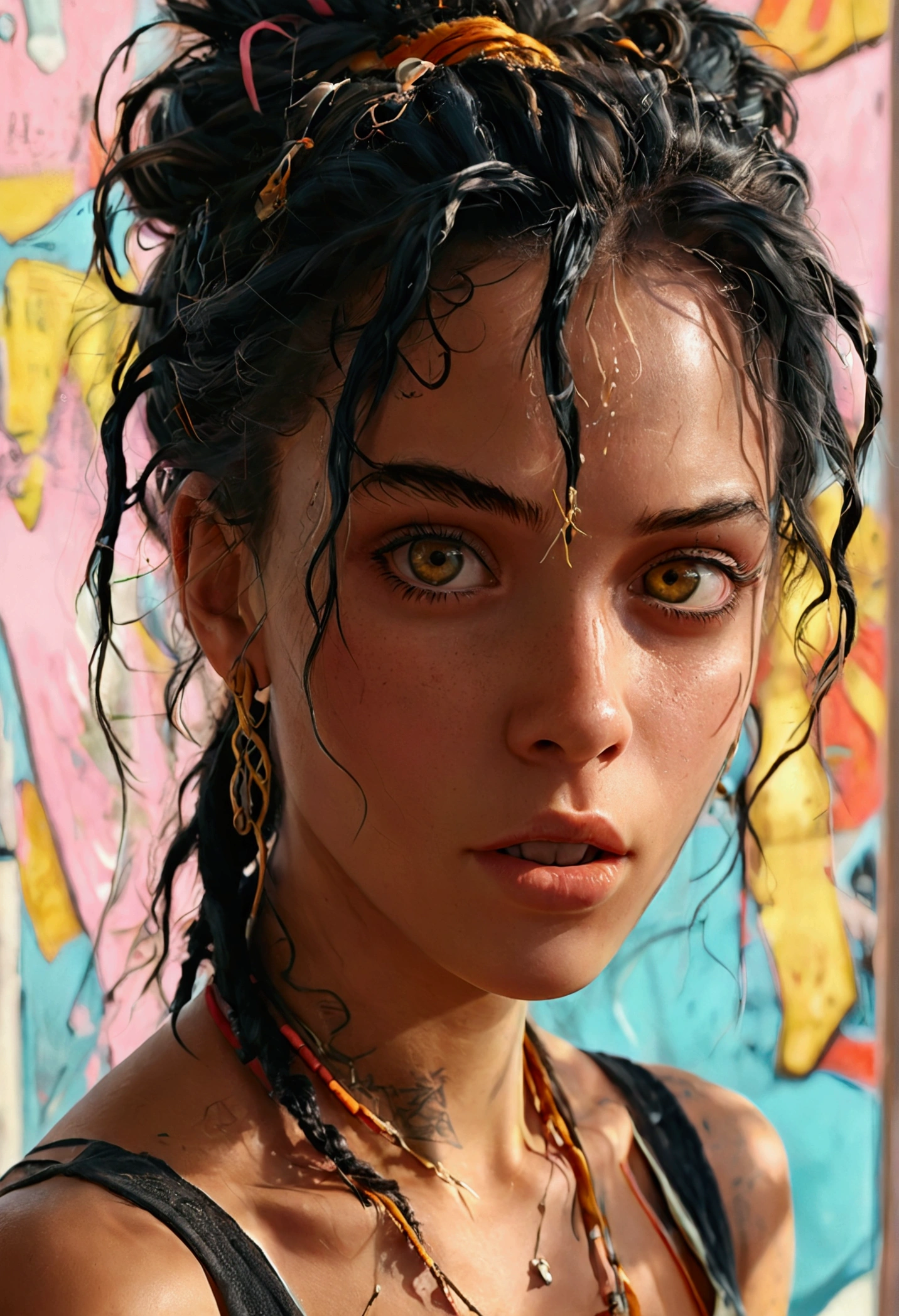 best quality, adventurous, absurdres, ((intricate details)), masterpiece, (good hands:0.8), <lora:pixel_f2:0.5>, (masterpiece), outdoor atmosphere, simple, {highres}, <lora:add_detail:0.4>, explosions, long straight black hair, high resolution, particles, in panoramic landscape with pattern at high noon, fish pool, upper body, zentangle, long legs, creativity, 1girl, physically-based rendering, (luminescence:1.3), thick outlines, concept art, lips, jenny saville, foliage, (ultrarealistic:1.3), mystifying, a portrait photo of a black girl