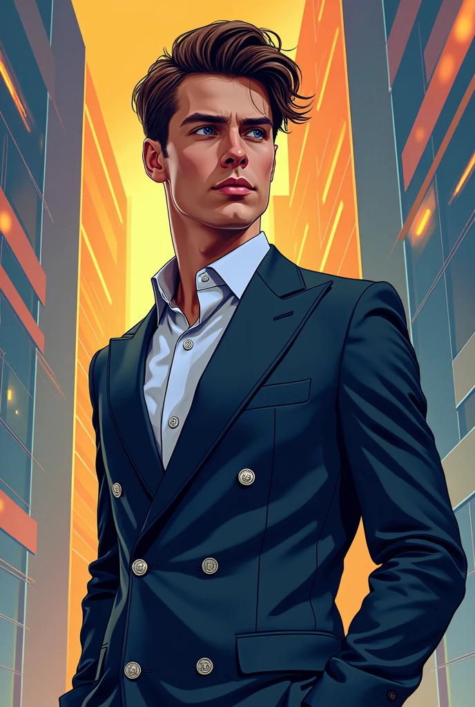 (masterpiece, Highest quality:1.1),Pop Art,Flat Color, Man in Black, Man wearing double-breasted suit,Hairstyle Center Part,The background is the near future, Dynamic Angle,30Male in his 20s,I love Bitcoin