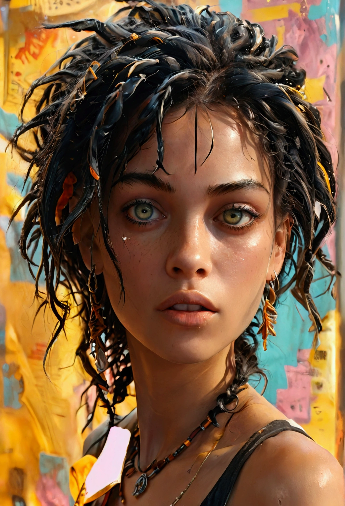 1 girl 23 old years dreadlocks,( full body) black hair, amber eyes, excited, UHD, masterpiece, anatomically correct, super detail, high quality, high details, best quality, highres, HD, 16k, , in the style of Quentin Tarantino, Pastel, Modern, --c 51