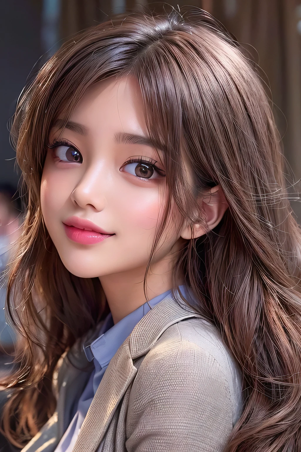 masterpiece, 1 girl, Fine grain, highest quality, Ultra High resolution, (reality: 1.4), Cinema Lighting, Beautiful Skin, (Ultra-realistic), (High resolution), (8k), (Very detailed), ( Best illustrations), Pouting slightly, (Crystal colorful lights), Extremely refined and beautiful, beautiful detailed eyes, Round eyes, detailed facial features, (Round pupils:1.4), (alluring face), Glistening Lips, smile, (small breasts:1.3), Open lips, (Beautiful and detailed face, Beautiful and delicate eyes), brown hair, long hair, sexy pose, bewitching pose, (arched back:1.3), grey suit, open jacket, office lady, suit, pants,