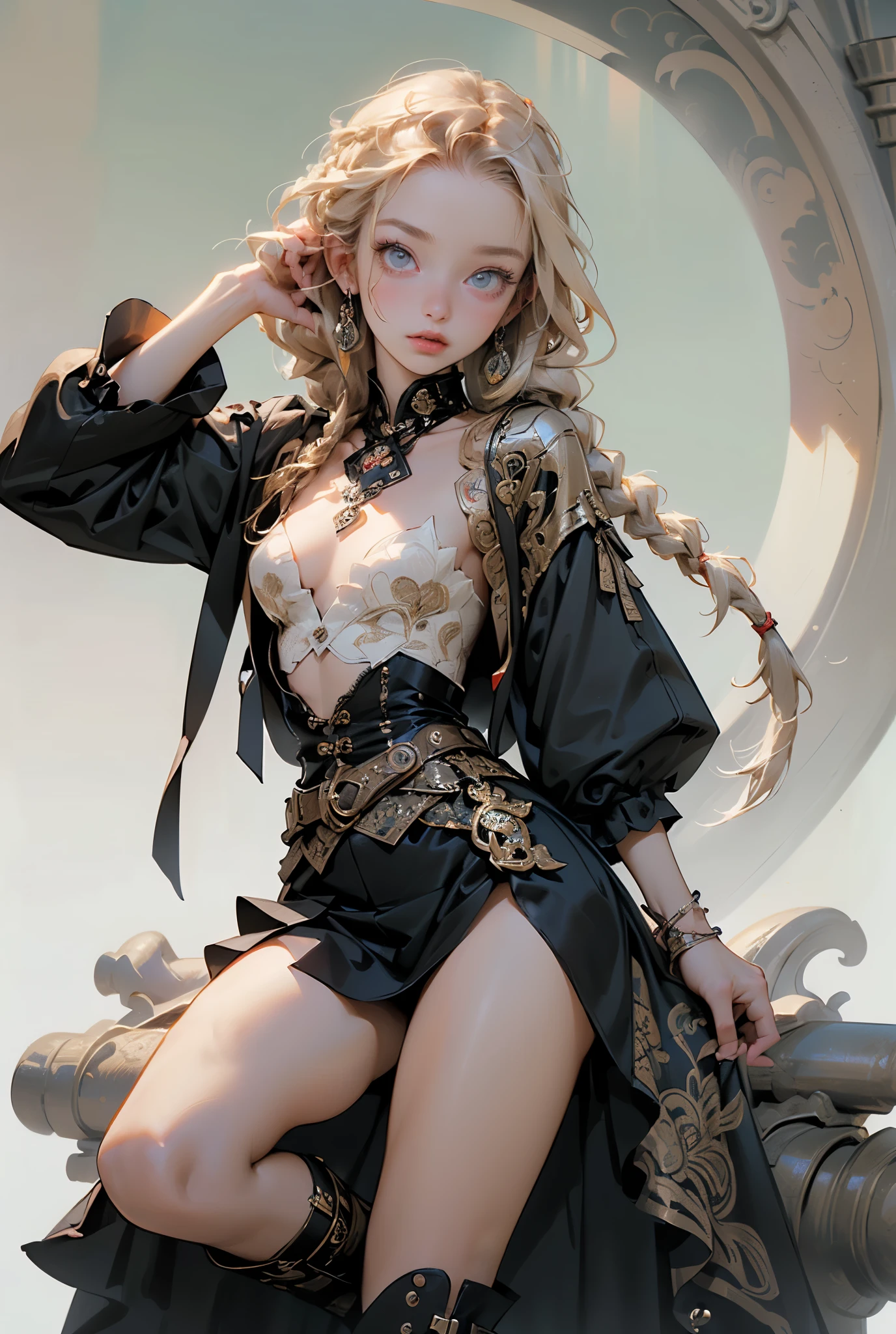 (((masterpiece, of the highest quality, super detailed))), 1girl, (big forhead:1.2),extremely detailed cute anime face, (((flat chest))), (flat chest:1.1),((((long twin braids,tight braids,long braid,braided hair,long hair)))), long hair, red hair, white hair, blonde hair, dark hair, ((ponytail, thick ponytail, heavy ponytail)), (a female knight of an occult order), (an occult saint), (combat pose), (ready for combat), (resolved expression), (resolute expression), (((a beautifully intricate ornate floating ritual sword))), Edwardian/Victorian era inspired, ((minimal but intricate beautiful armour)), ((Fluttering lace flared dress with frilly petticoats)), ((((Highly detailed face))), (((Very sharp focused eyes))), very long eyelashes, ((small breasts)), (((flat chest:1.1))), occult aesthetic, (red and white clothing detailed and intricate steampunk and detailed gothic), (with a hood), complex lace boots, (full body), 