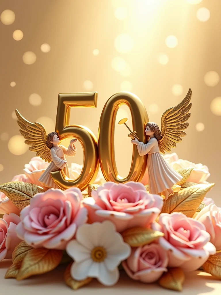 a 3d flat golden 50 with an angels around it with a trumpet and welcoming others, lying on pink and white flower bouquets with golden leaves, backdrop of glittering gold particles