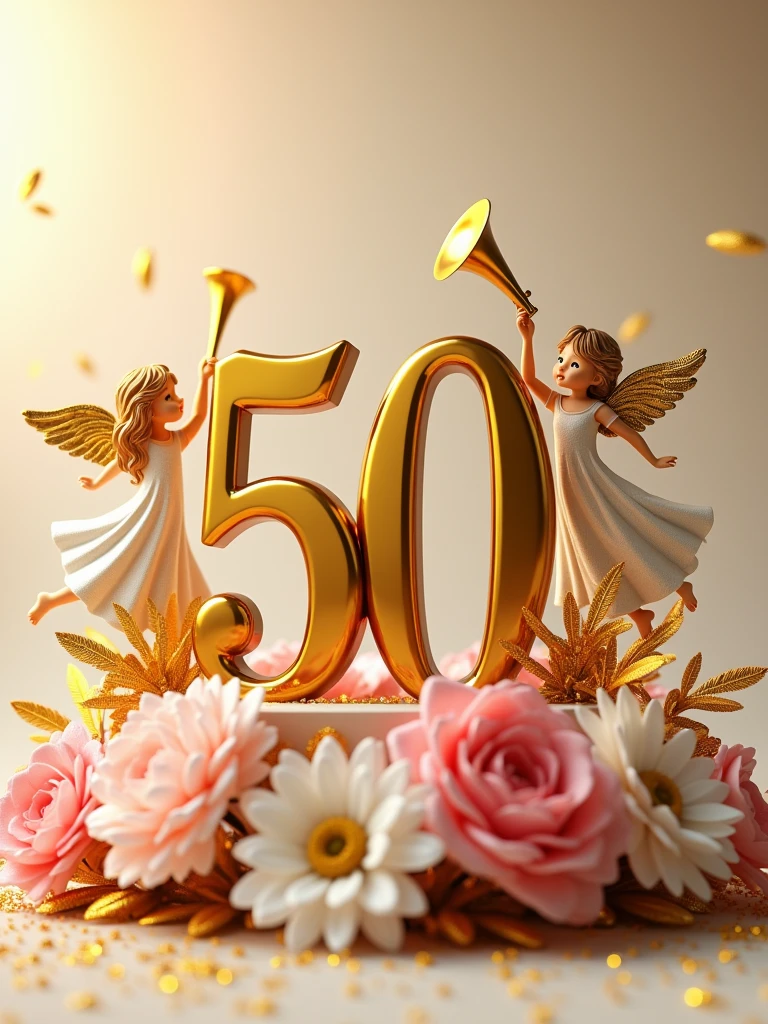 a 3d flat golden 50 with an angels around it with a trumpet and welcoming others, lying on pink and white flower bouquets with golden leaves, backdrop of glittering gold particles