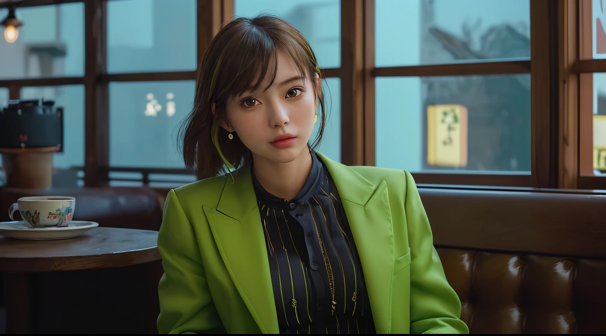 ((very sharp photo result, hyper realistic photo)) (((Best Quality))), (((masterpiece))), (((Ultra-detailed CG))),(((magical ))) there are pretty japan girls chill hangout happy together with fashionable casual suits (detail head, face, body, proportion & anatomy) sitting in a corner in an artsy edgy vibrant color (lime green, light blue, bright yellow combined interior) of a coffee shop, warm dramatic shadow & light, UHD, Shot on : sony a7 | fe 35mm f1.8