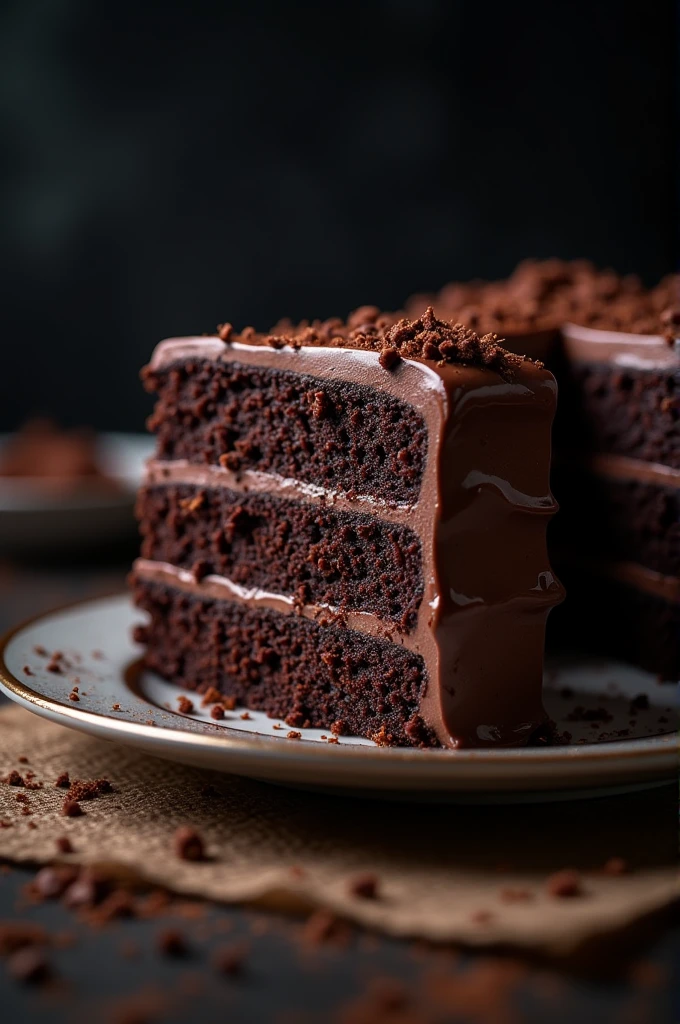 cinematic film still chocolate, chocolate cake, dark background, quality photo, moist texture, frosting, studio photo, slice . shallow depth of field, vignette, highly detailed, high budget, bokeh, cinemascope, moody, epic, gorgeous, film grain, grainy