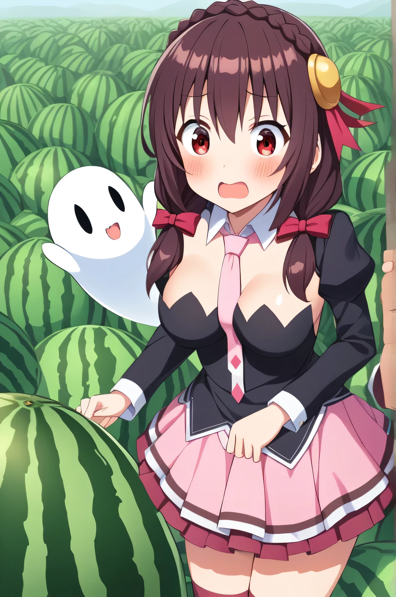 alone, One girl, Yunyun, (Surprised expression:1.5)、 (blush:1.5)、Crown braids of the same color as your hair, Red Eyes、hair ornaments, Hair Ribbon, Pink tie, Long sleeve, Pink Skirt, Knee socks, Cleavage,  The background is a watermelon field、(Being chased by a ghost watermelon with eyes and a mouth)