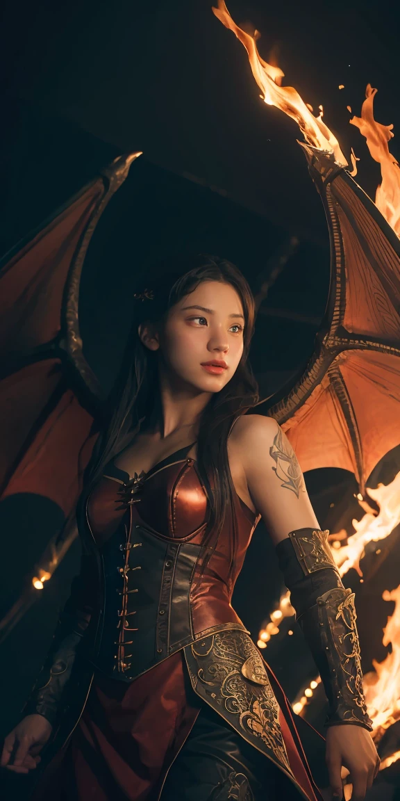 1girl in front of a dragon soaring with wings, angry, with a flame in its mouth, Middle Ages, medieval fantasy, detailed realistic painting, dramatic lighting, cinematic, volumetric lighting, intricate details, hyper realistic, 8k, photorealistic, (best quality:1.4), (masterpiece:1.2), (extremely detailed:1.3), (ultra-detailed:1.2), (realistic:1.37), vibrant colors, cinematic composition, chiaroscuro lighting, epic, dramatic