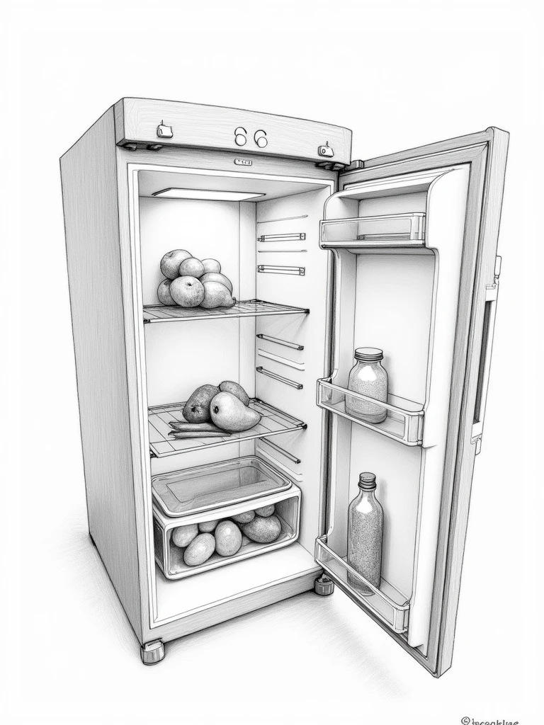 detailed pencil sketch of an open close-up fridge with half cut lemon and vegetables kept inside