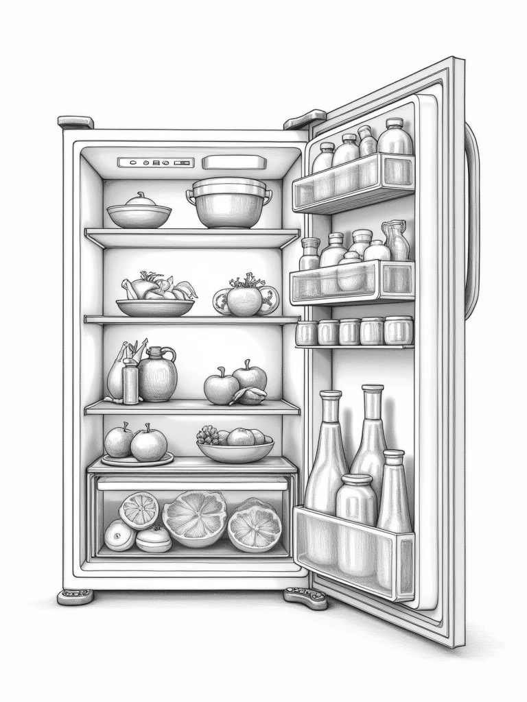 detailed pencil sketch of an open close-up fridge with half cut lemon and vegetables kept inside