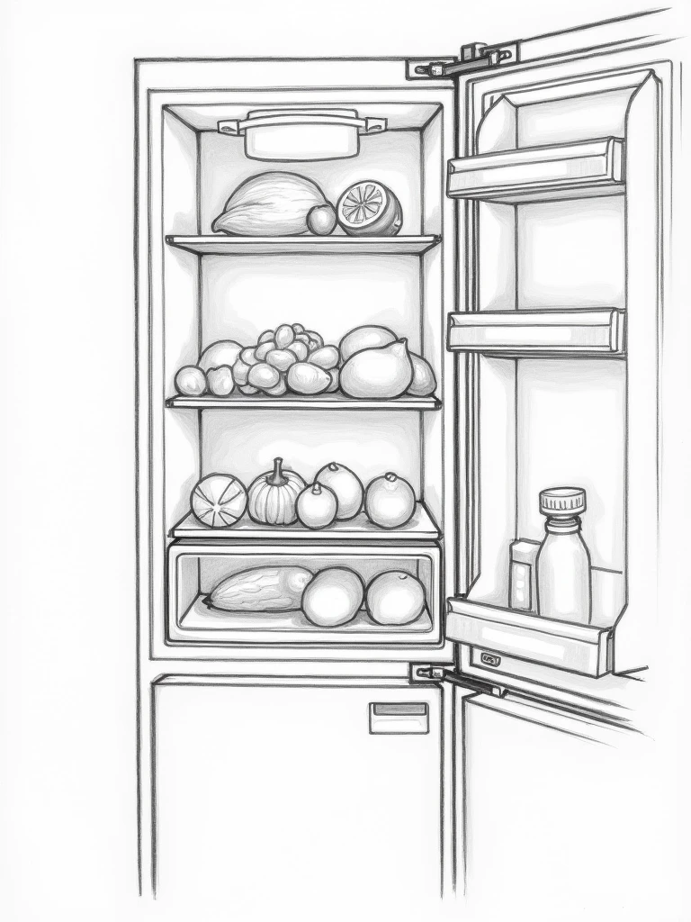 detailed pencil sketch of an open close-up fridge with half cut lemon and vegetables kept inside