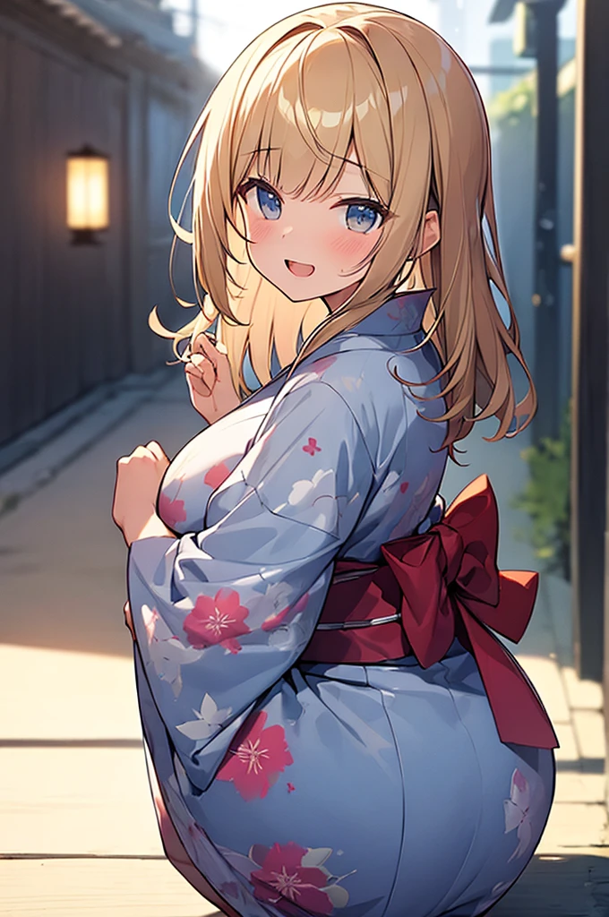 (Masterpiece, Top quality:1.5), (from behind:1.2), 1 beautiful girl, solo, squatting down, Blonde, medium Hair, wavy Hair, asymmetry bangs, swept bangs, airy hair, (big hips:1.2), 16 year old, (flower printed yukata :1.3), smile:1.3, blush, beautiful scene of narrow Alley, blurry background, magnificent panorama view, blurry background, open mouth, closed eyes, firework