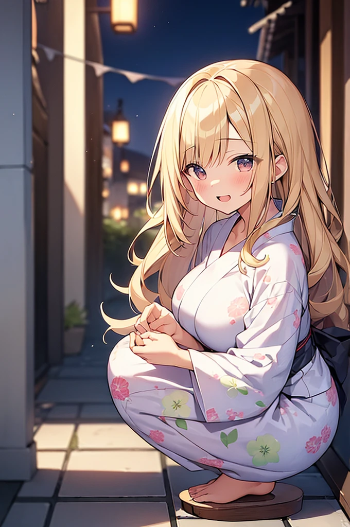 (Masterpiece, Top quality:1.5), 1 beautiful girl, solo, squatting down, from side, Blonde, medium Hair, wavy Hair, asymmetry bangs, swept bangs, airy hair, large breasts:1.4, 16 year old, standard weight, (yukata :1.3), smile:1.3, blush, beautiful scene of narrow Alley, blurry background, magnificent panorama view, blurry background, open mouth,