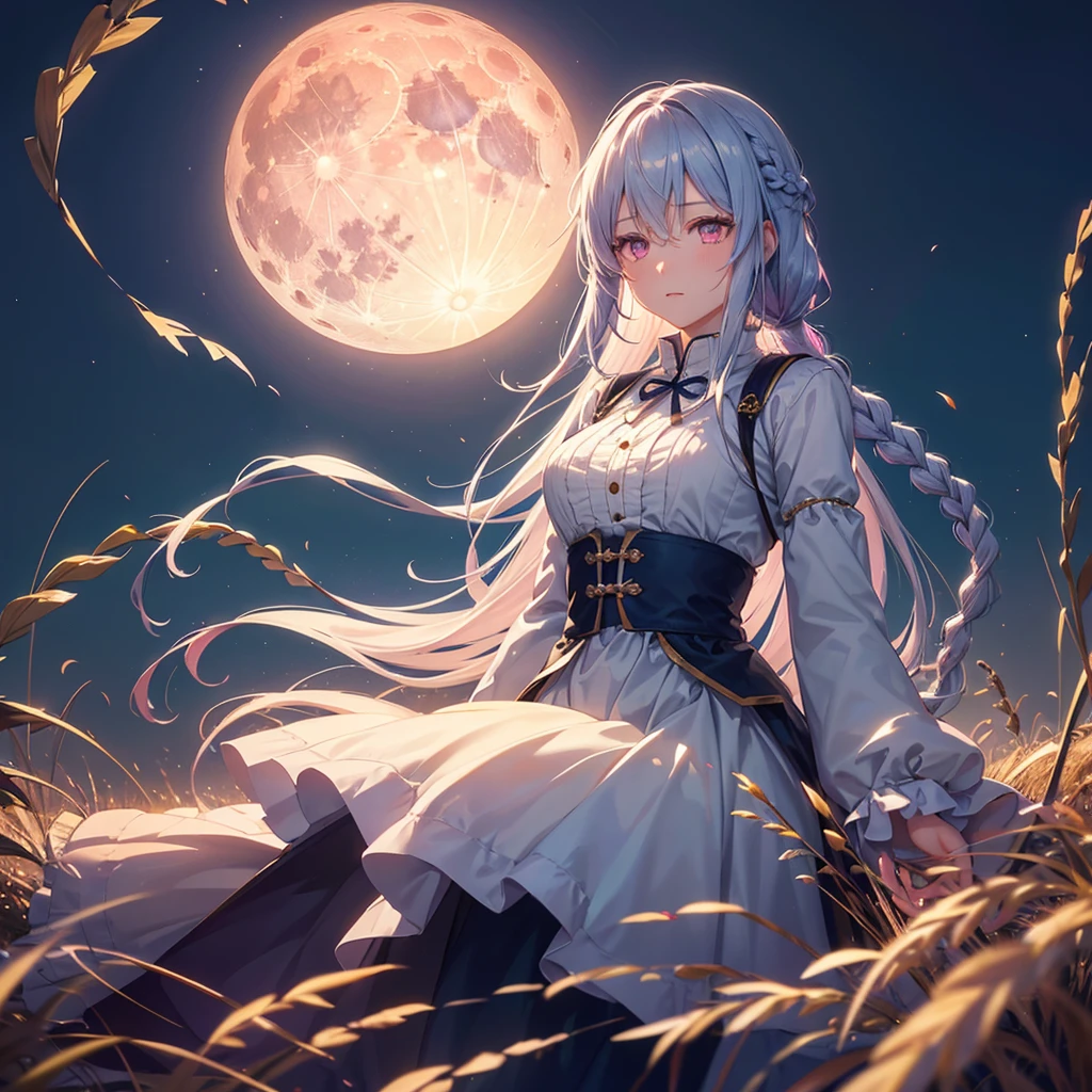 (Sky blue braided medium length hair), (Pink eyes),(Fair skin) ,(whole body),(One Girl),(harvest moon),(A large amount of Miscanthus sinensis in the background),autumn,(full moon),(masterpiece, Highest quality, Very detailed, Best Shadow), (Detailed Background), (Beautifully detailed face), High Contrast, (Best lighting, Very delicate and beautiful), ((Cinematic Light)), Hyper Detail,8k, Dramatic Light, Intricate details