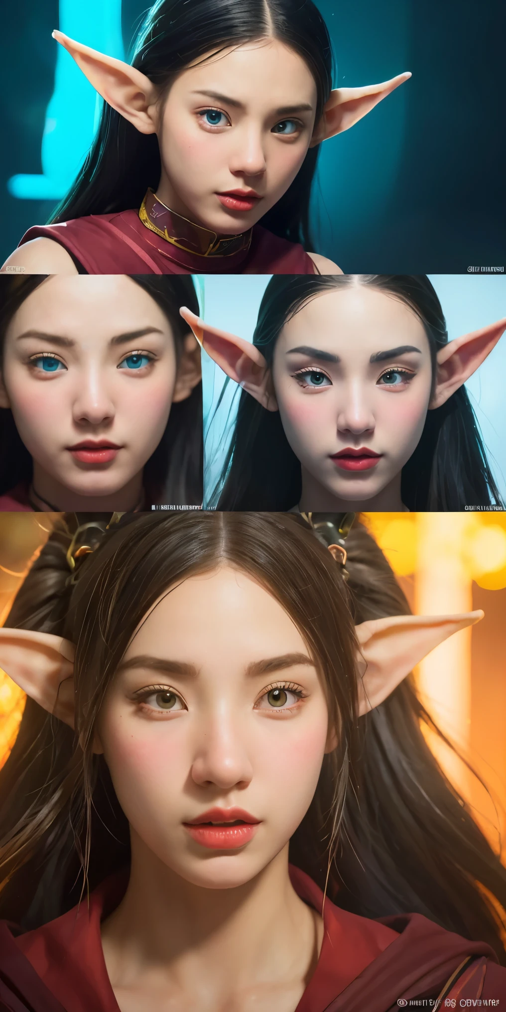 (((masterpiece))), best quality, hyper detailed gouache style painting portrait of a group of beautiful female elves, smooth shadows, hyper realistic textures, 8k, best quality, realistic cartoony features, stylized illustration, smooth shadows, correct anathomy, chromatic aberration, neon highlights, global warm lights, dynamic poses, expressive facial expressions