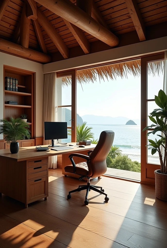 Office room design
Wooden floor , joglo style
Big PC on the wood table and office chair
Open window and door, beach view