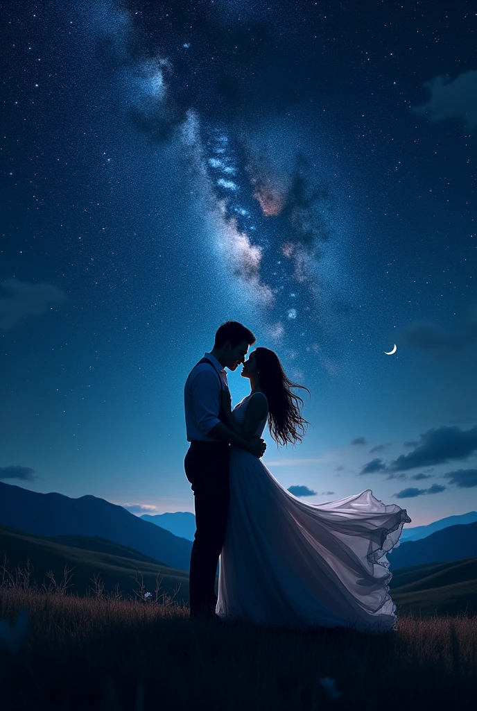 Lovers with stars crossing behind them on the horizon 