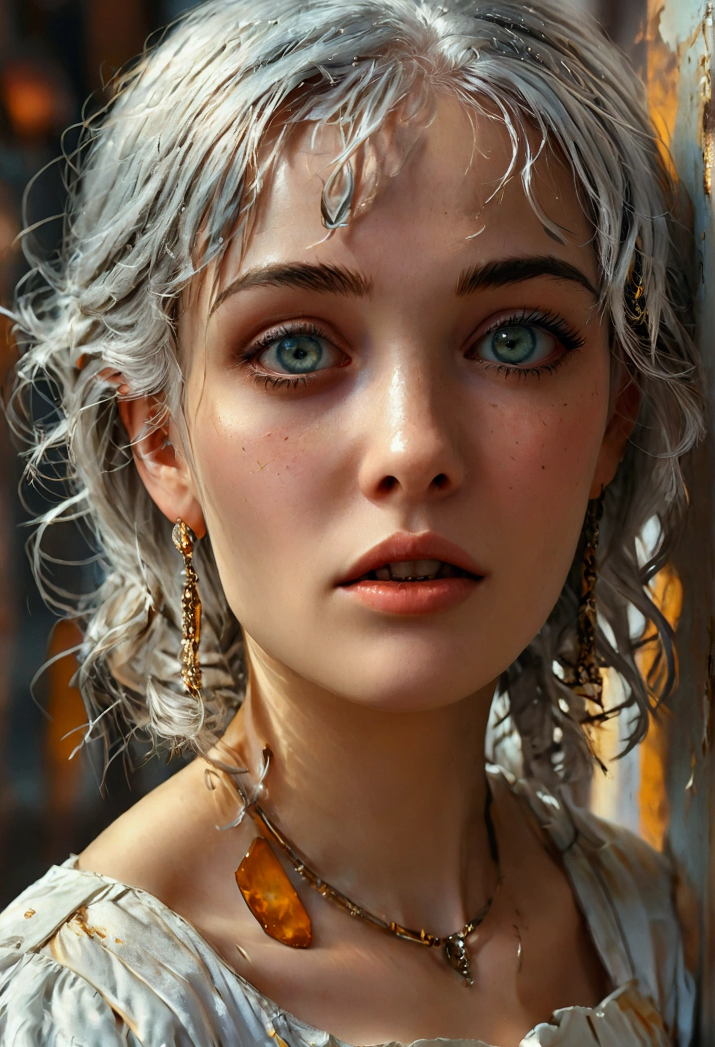 1 girl 23 old years , silver hair, amber eyes, excited, UHD, masterpiece, anatomically correct, super detail, high quality, high details, best quality, highres, HD, 16k, , in the style of Quentin Tarantino, Pastel, Modern, Ethereal, --c 51