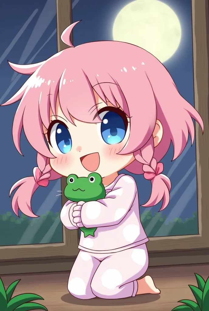 Highest quality、High resolution、Detailed Background、Beautiful face in every detail、Anatomically correct、Detailed facial expressions、fine grain、((Eyes close up, from below:1.8, side shot, looking away:1.2)), break ((One Girl:1.2)、((Chibi Girl:1.2)))、Bright pink hair color、Big beautiful blue eyes、Fuller lips、Pink Lips、Braided twin tails、Ahoge、(Talk to the frog:1.2)、(Cute pajamas、barefoot)、break (Hands in front of your chest、Holding a frog)、(Happy expression:1.2、Big smile:1.2)、(The background is a large full moon:1.2、Closed windows、Frog outside the window))