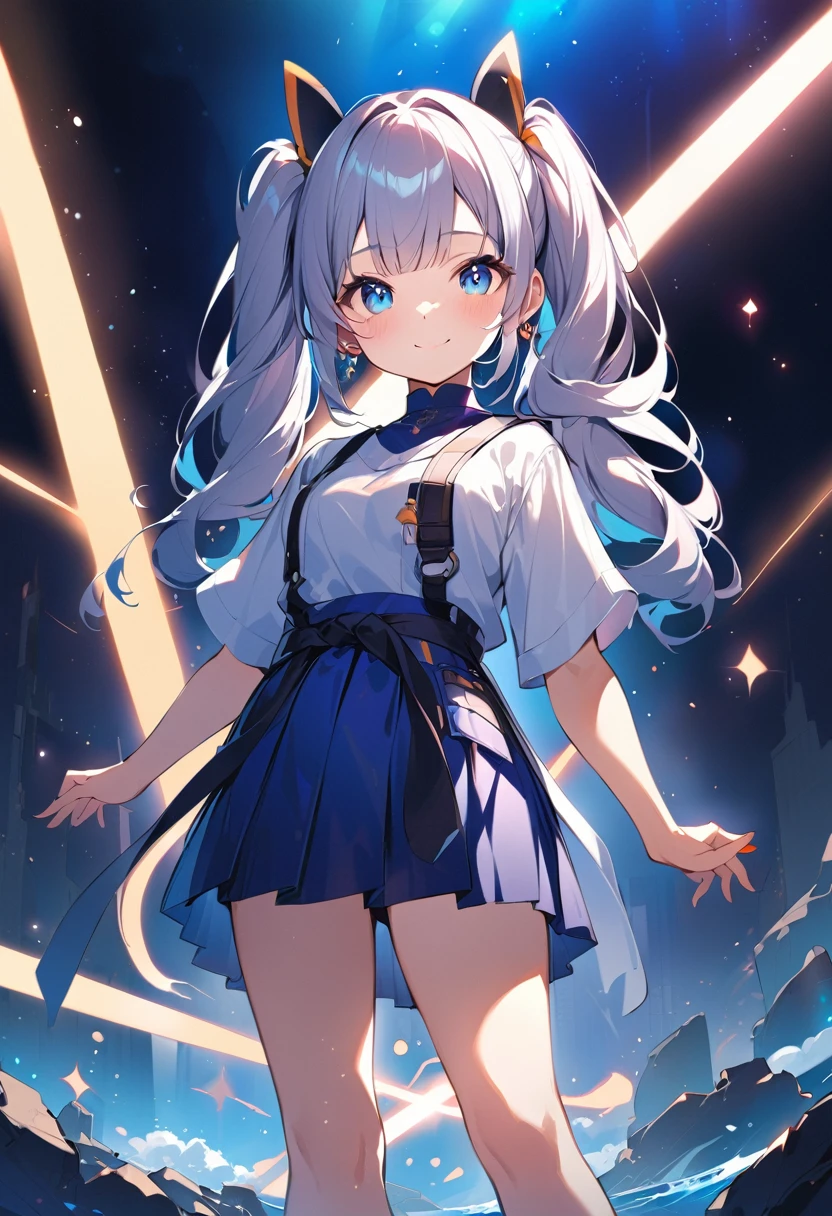 masterpiece, Highest quality, (((Ruined battlefield)))、(((Smile wickedly)))、Raising awareness, Sax Blue,, Black bodysuit, One Girl, cute, (Dynamic Lighting:1.2), Cinema Lighting, Delicate facial features, Detailed eyes, Sharp pupils, Realistic student, Written boundary depth, ボケ Written boundary depth, Sharp focus, (Very detailed, bloom, Shine:1.4), (((long_hair))), Twin tails、Earrings、分けた前hair、銀hair、whole body、Ultra close-up footage、The top is transparent up to the chest.、See-through design。The bottoms are a very short navy blue pleated skirt.、Fits snugly around the waist。The background is simple white.、this、The text is easier to see.。The light source is a soft light from the front....、The overall atmosphere is bright and clean....。
